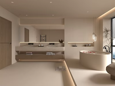 Modern Bathroom Interior Design With Freestanding Bathtub Double Vanity Large Mirror And Soft Lighting 3d model