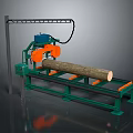 Heavy Log Cutting Machine With Orange Blades On Green Metal Stand Processing Large Wood Log