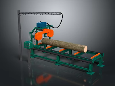 Heavy Log Cutting Machine With Orange Blades On Green Metal Stand Processing Large Wood Log 3d model