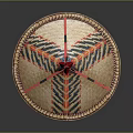 Traditional Handwoven Bamboo Hat With Circular Shape Colorful Striped Pattern Red Straps And Woven Texture