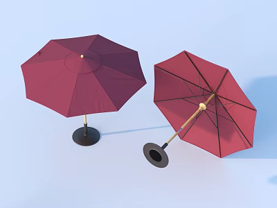 Red Umbrellas With Open And Closed Designs Metal Frame And Black Base 3d model