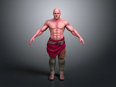 Shirtless Bald Man With Muscular Build Red Loincloth Brown Belt Knee Boots And Gray Background 3d model