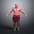 Shirtless Bald Man With Muscular Build Red Loincloth Brown Belt Knee Boots And Gray Background