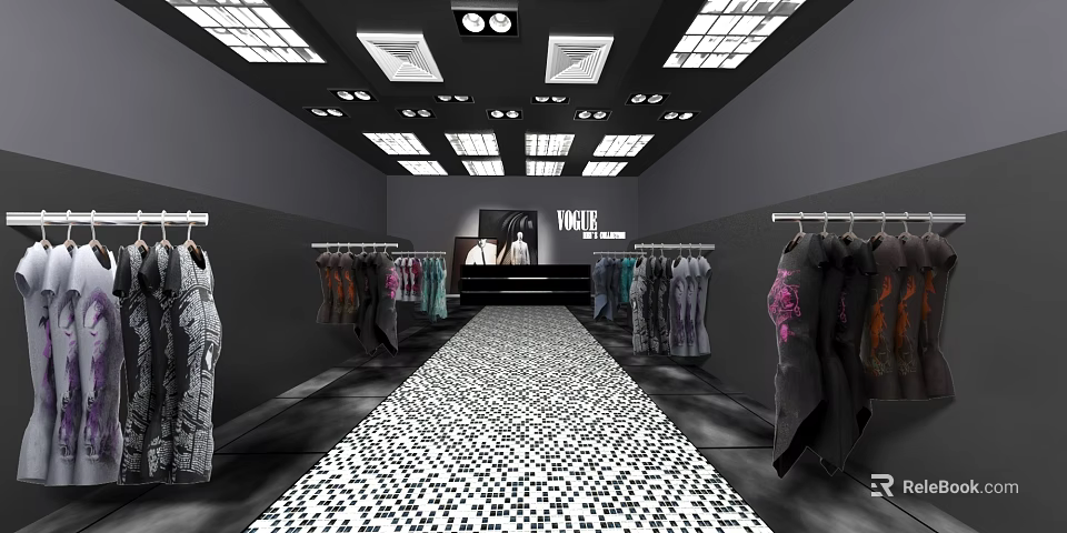 Modern Clothing Store Interior With Hanging Clothes Black White Checkered Carpet Ceiling Lights Vogue Backdrop 3d model 