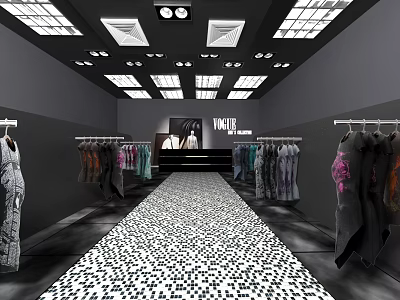 Modern Clothing Store Interior With Hanging Clothes Black White Checkered Carpet Ceiling Lights Vogue Backdrop 3d model