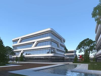 Modern Office Building Featuring Glass Curtain Wall Geometric Design Water Feature Greenery And Blue Sky 3d model