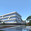 Modern Office Building Featuring Glass Curtain Wall Geometric Design Water Feature Greenery And Blue Sky