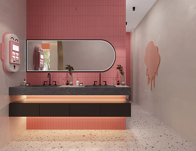 Public Restroom With Pink Tiled Walls Oval Mirror Double Sinks Black Countertop And Wall Art 3d model