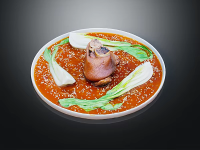 Braised Pork Knuckle with Red Sauce Bok Choy and Sesame Seeds on White Plate 3d model