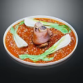Braised Pork Knuckle with Red Sauce Bok Choy and Sesame Seeds on White Plate