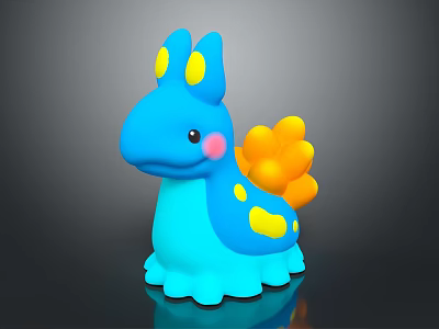 Cute Blue Cartoon Creature Character with Yellow Horns Pink Cheeks Yellow Spots and Flower Back 3d model
