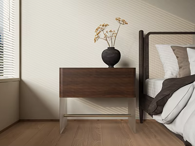 Walnut Wood Side Table with Metal Legs and Black Vase in Bedroom Sunlight 3d model