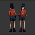 3D Character Model With Purple Hair Red Hoodie Blue Shorts Blue Shoes Front Back View