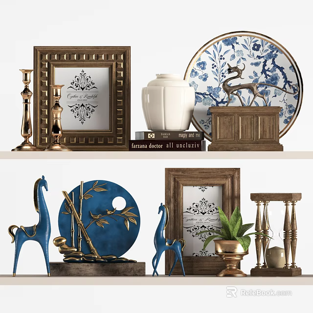 Stylish Decorative Ornaments Set With Framed Art Vase Animal Figurines Decorative Plates And Candle Holders 3d model 