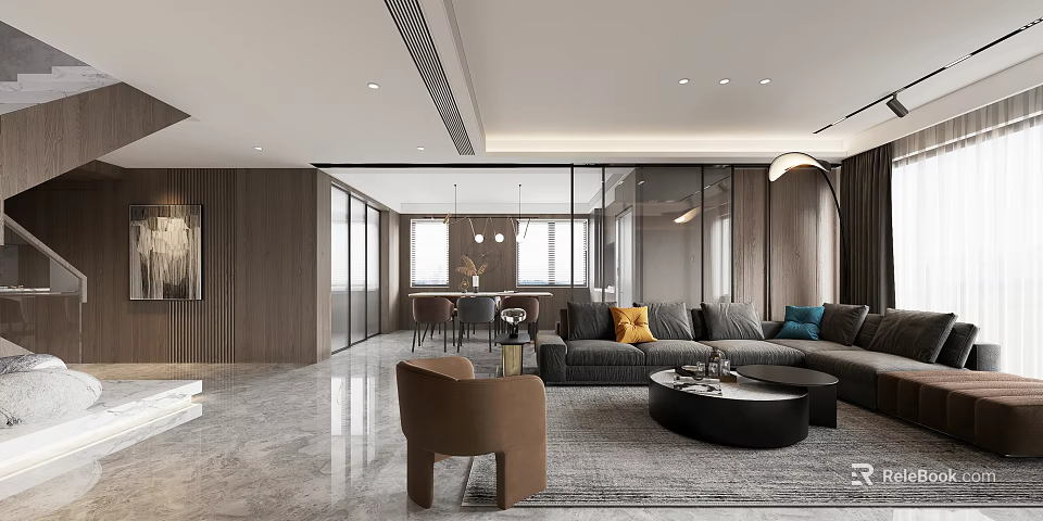 Modern Duplex Living Room Interior With Open Layout Sofa And Floor To Ceiling Windows 3d model