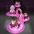 Elegant Floral Display With Pink Multi Tiered Stands Arched Structures And Lighting Accents 3d model