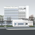 Integrated Office Building Modern Multi Storey Structure With Glass Facade Front Landscaping And Parking Area