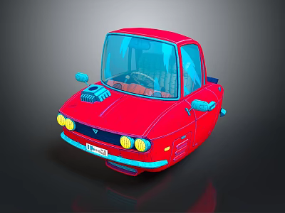 Red Small 3D Model Car With Blue Windows And Yellow Headlights Design 3d model