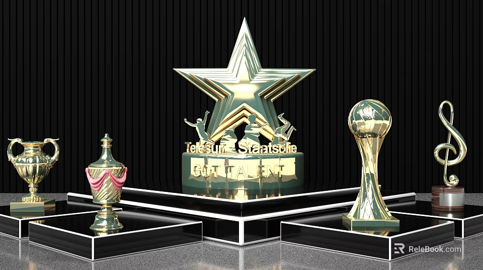 JetSun Starshine Trophy And Decorative Golden Sphere Awards On Black Pedestal 3d model 