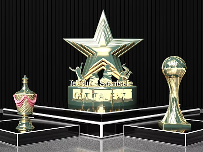 JetSun Starshine Trophy And Decorative Golden Sphere Awards On Black Pedestal 3d model