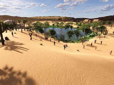 Desert Oasis Landscape With Palm Trees Water Pond And People Walking 3d model