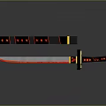 Samurai Sword With Decorative Red Accents Black Sheath Gold Handle And Detailed Patterns