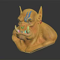 Fantasy Creature Head With Yellow Skin Horns Blue Stripes Pointed Ears Tusks Nose Ring Earrings