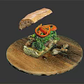 Fresh Artisan Sandwich With Red Bell Peppers Fresh Greens And Sliced Meat On Wooden Board