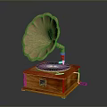 Vintage Gramophone With Golden Horn Wooden Base Black Turntable And Green Record