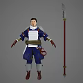Fantasy Character In Blue White Outfit With Serrated Polearm And Companion Creature