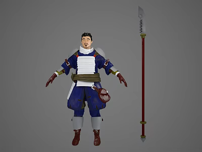Fantasy Character In Blue White Outfit With Serrated Polearm And Companion Creature 3d model
