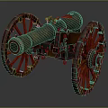 Vintage Ancient Cannon Weapon With Large Wooden Wheels And Brass Barrel