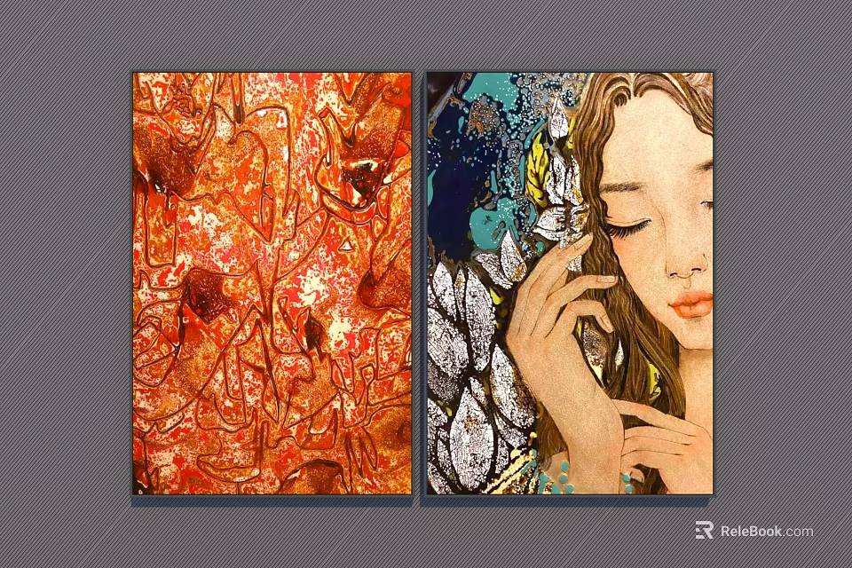 Oil Paintings Red Toned Branch With Birds And Woman Portrait With Leaves Hand Near Ear 3d model 