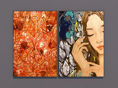Oil Paintings Red Toned Branch With Birds And Woman Portrait With Leaves Hand Near Ear 3d model