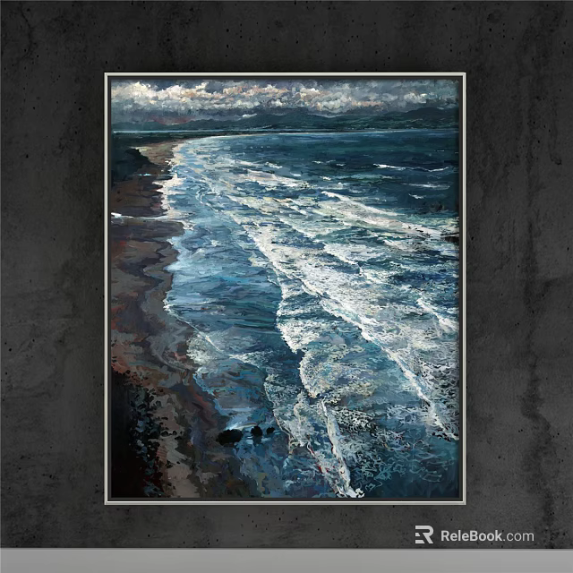 Vibrant Seascape Painting Featuring Rolling Waves Along Sandy Beach And Cloudy Sky 3d model 