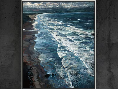 Vibrant Seascape Painting Featuring Rolling Waves Along Sandy Beach And Cloudy Sky 3d model