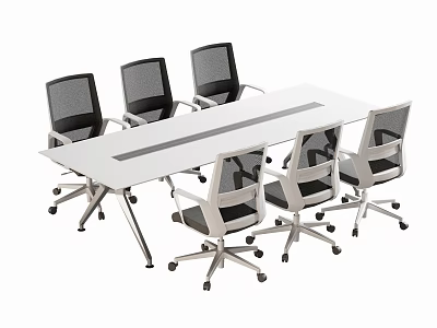 Modern Office Conference Table With Six Black Mesh Back Ergonomic Swivel Chairs 3d model