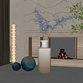 White Vase With Blue Flowers Decorative Balls Fireplace And Green Plants In Living Room