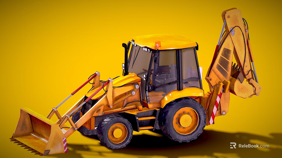 Yellow Backhoe Loader Construction Vehicle With Front Loader Bucket And Rear Excavator Arm 3d model 