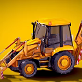 Yellow Backhoe Loader Construction Vehicle With Front Loader Bucket And Rear Excavator Arm