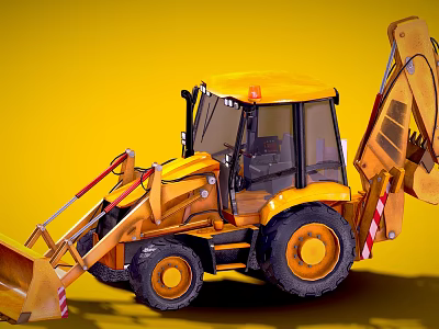 Yellow Backhoe Loader Construction Vehicle With Front Loader Bucket And Rear Excavator Arm 3d model