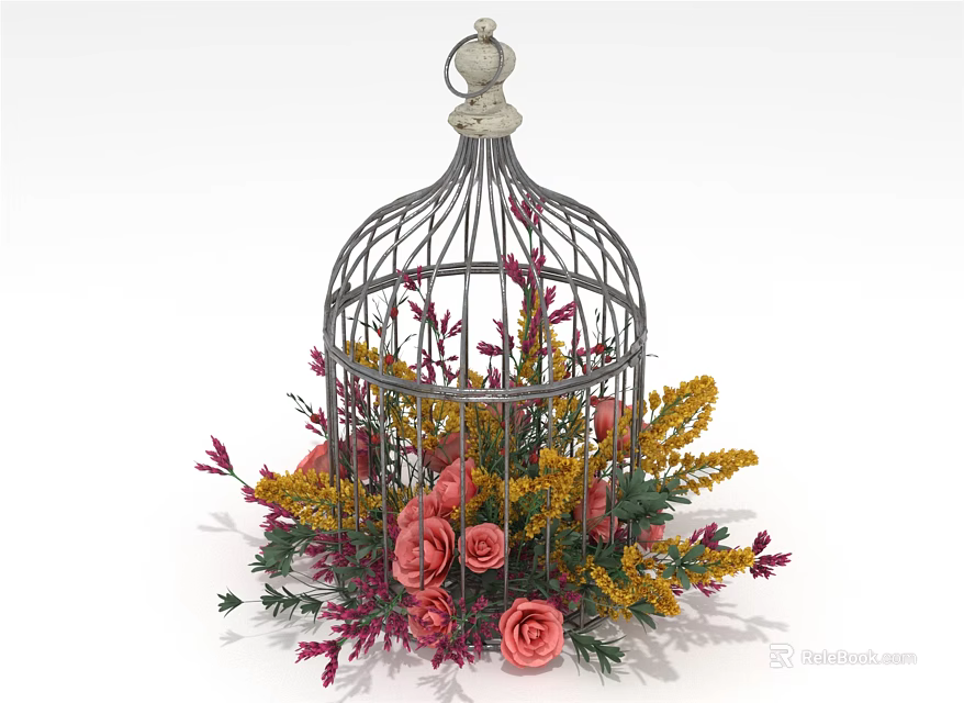 Elegant Decorative Ornament Set with Birdcage and Colorful Flowers for Home Decor 3d model 
