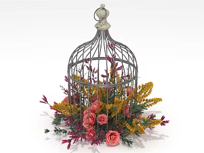 Elegant Decorative Ornament Set with Birdcage and Colorful Flowers for Home Decor 3d model