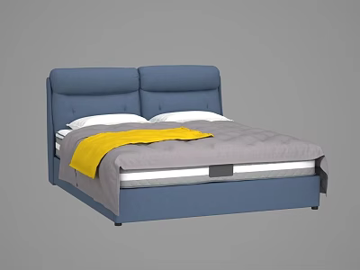 Modern Blue Upholstered Double Bed With Grey Sheet Yellow Blanket And White Pillows 3d model