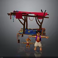 Colorful Street Stall With Red Canopy Hanging Items Blue Cloth Boy And Little Monkey