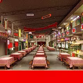 Traditional Chinese Food Street Restaurant With Red Lanterns Neon Signs And Long Tables