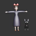Girl In Purple Dress With Red Bow Arms Outstretched Beside Black Cat With Big Ears
