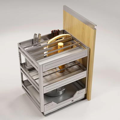 Kitchen Utensils Storage Drawer Organizer With Metal Frame And Wooden Panel 3d model