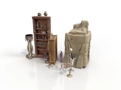 Vintage Wooden Furniture Set With Bookshelf Cabinet And Decorative Metal Ornaments 3d model