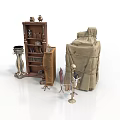 Vintage Wooden Furniture Set With Bookshelf Cabinet And Decorative Metal Ornaments